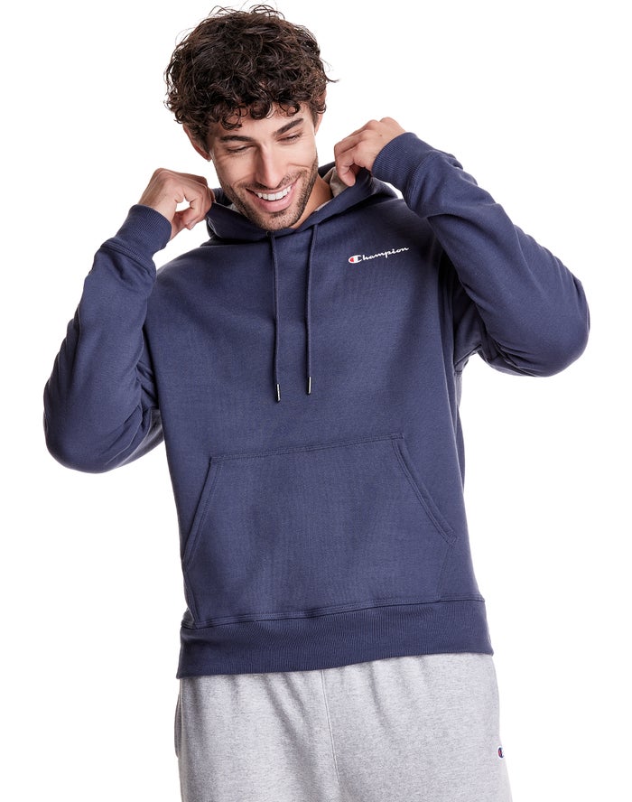 Champion Mens Hoodie NZ - Powerblend Fleece Script Logo Blue ( 3617-TUKJC )